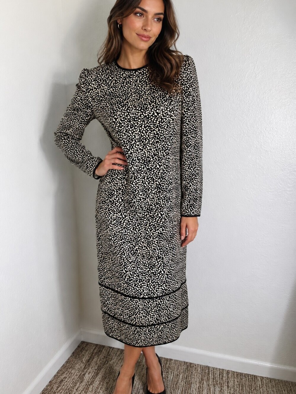 Leslie Fay Vintage Black & Beige Dotted Midi-Dress with Black Trim, Size 10